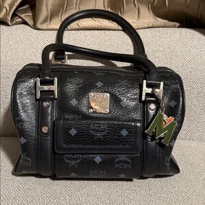 MCM Black Visetos Boston Bag with Charm
